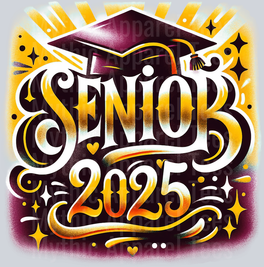 0033 Senior 2025 Airburshed Gold and Maroon DTF 2025 Senior Graduation Transfers