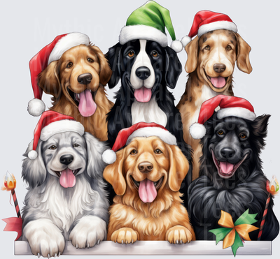 Six Happy Dogs in Santa Hats Christmas Holiday Group Portrait with Candy Canes and Festive Bow