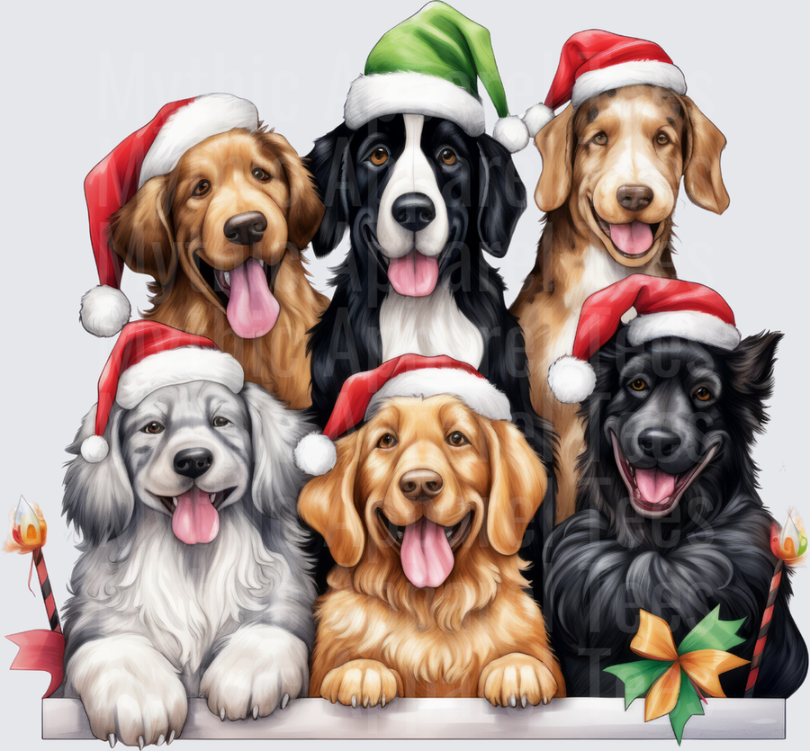 Six Happy Dogs in Santa Hats Christmas Holiday Group Portrait with Candy Canes and Festive Bow