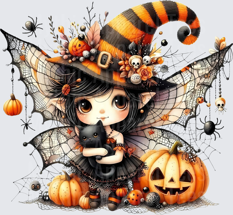 Cute Chibi Witch Fairy Girl Holding Black Cat with Jack-O-Lantern Pumpkins Spiderwebs and Spiders Halloween Design
