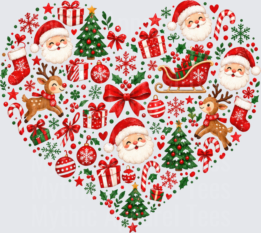 Love Christmas Heart Collage with Santa Claus Reindeer Trees Gifts Snowflakes and Holiday Icons