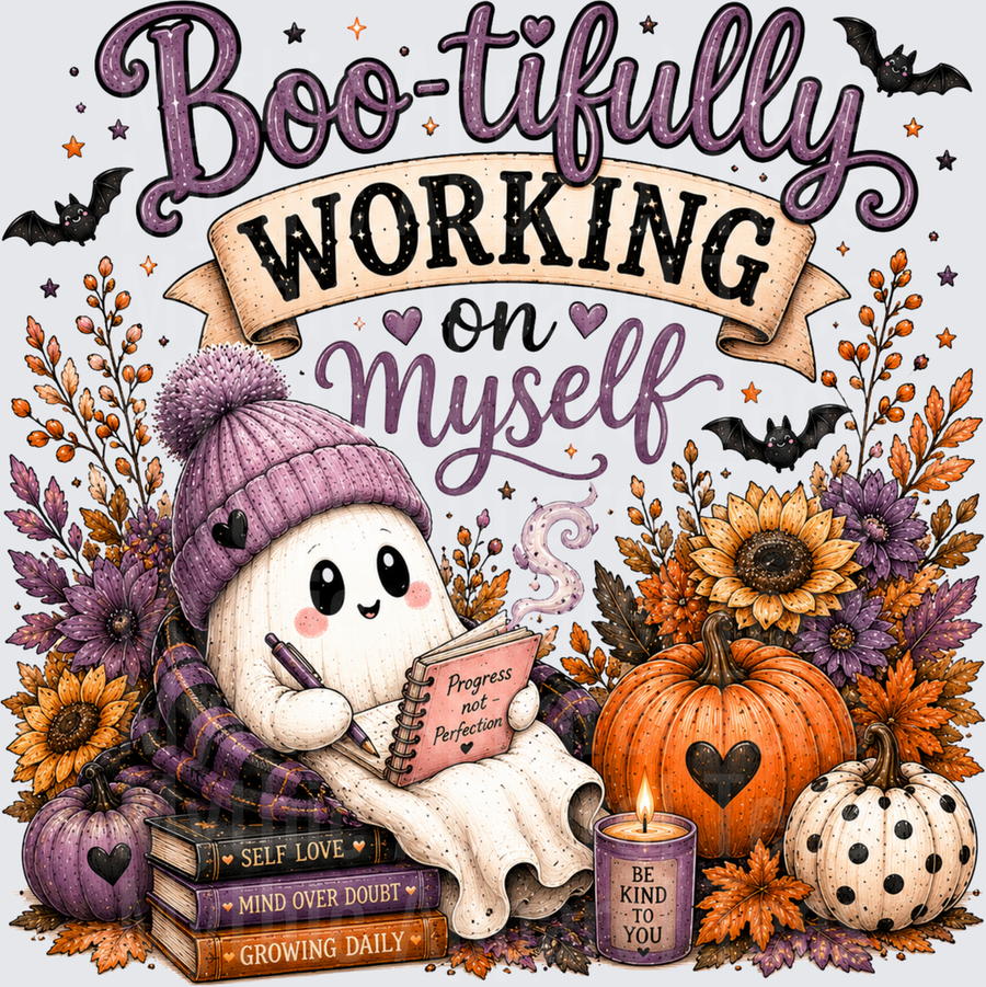 Boo-tifully Working On Myself Cute Ghost Self Love Halloween Fall Floral with Pumpkins Sunflowers and Motivational Books