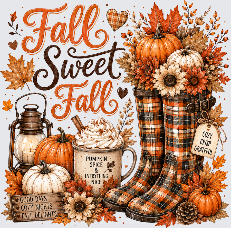 Fall Sweet Fall Plaid Rain Boots Pumpkin Spice Latte Lantern Sunflowers Autumn Leaves Cozy Crisp Grateful Good Days Cozy Nights Fall Delights