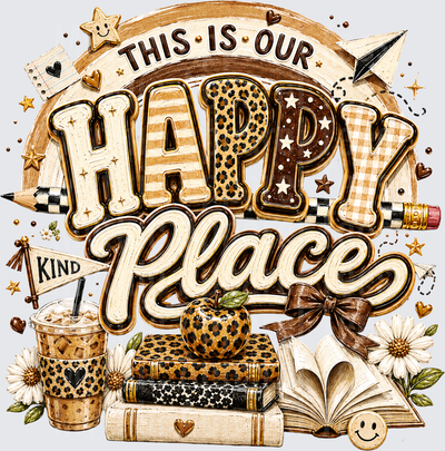 This Is Our Happy Place Teacher Leopard Print Boho Brown Tones Books Apple Iced Coffee Kind Flag Daisy Floral Back to School