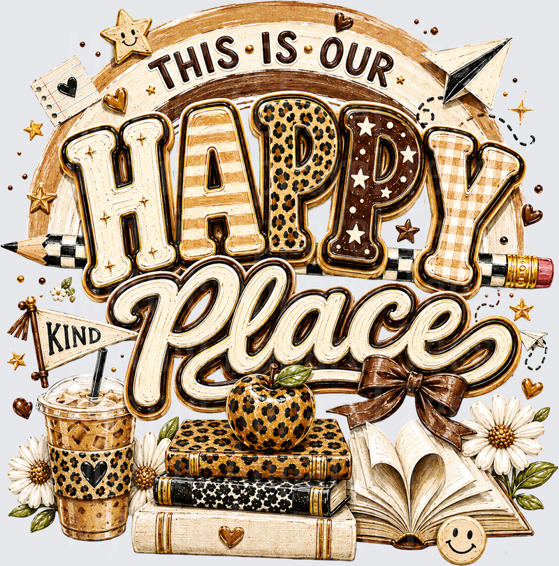 This Is Our Happy Place Teacher Leopard Print Boho Brown Tones Books Apple Iced Coffee Kind Flag Daisy Floral Back to School