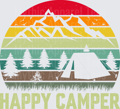 Happy Camper Retro Sunset Mountain Tent Campfire Pine Trees Vintage Stripes Outdoor Nature Scene