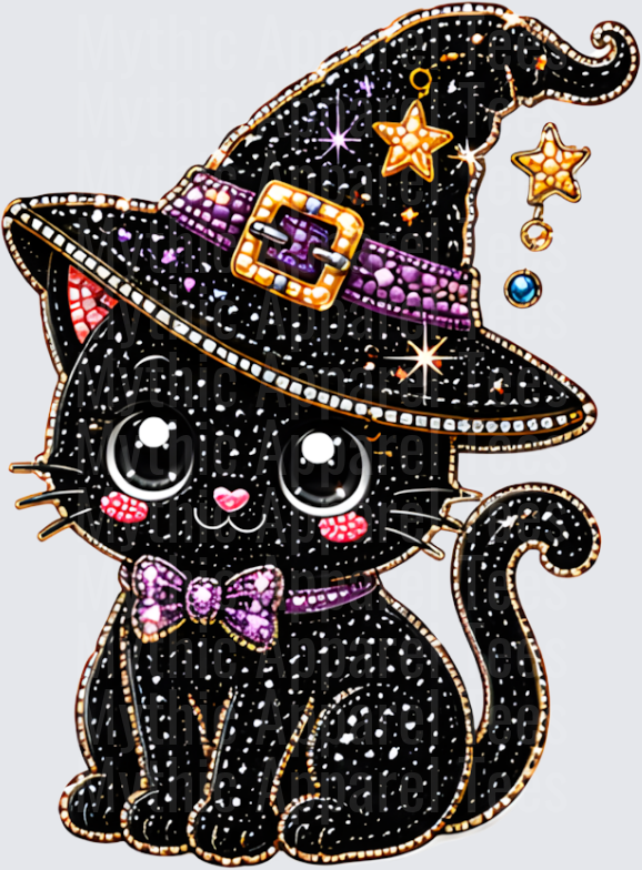 Halloween Bling Bedazzled Black Witch Cat with Sparkle Gem Witch Hat Purple Bow Tie and Gold Stars Diamond Art Style