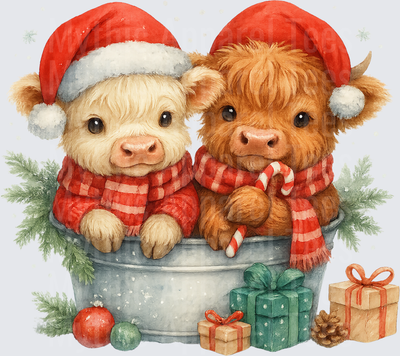 Highland Christmas Cow Duo in Santa Hats Galvanized Tub