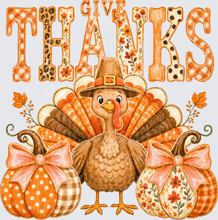 Fall Designs Give Thanks Pilgrim Turkey With Patterned Pumpkins And Autumn Foliage Thanksgiving