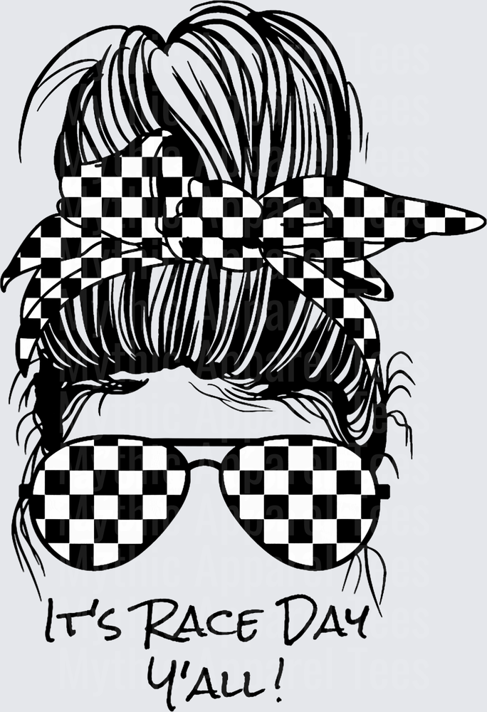 Messy Bun Woman Checkered Racing Flag Hat Bow Sunglasses It's Race Day Y'all