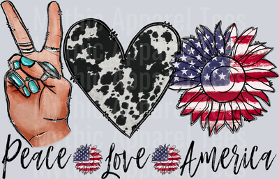 Peace Love America 4 cow print and flower flag 4th of July DTF Patriotic Transfers