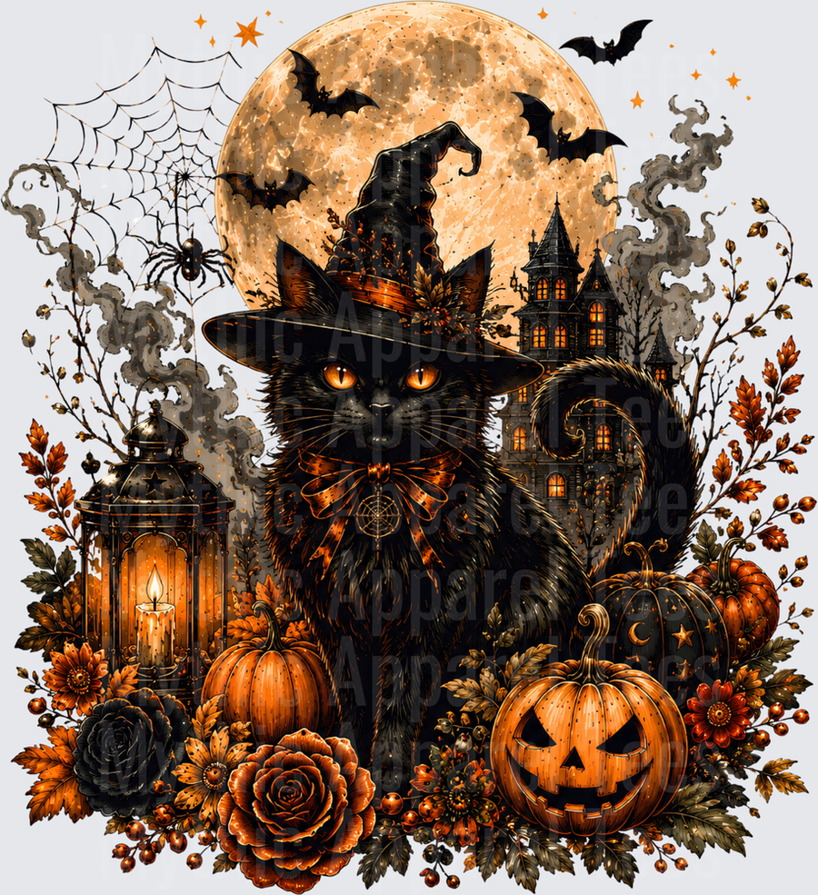 Spooky Black Cat Wearing Witch Hat With Jack O Lanterns Full Moon Haunted House Bats Spider Web Lantern Autumn Floral Halloween Scene