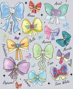 Disney Watercolor Princess Bows, Cinderella, Moana, Ariel, Belle, Aurora, Pocahontas, Merida, Tiana, Rapunzel, Jasmine, Mulan, Cute Bows, Princess Themes, Pastel Colors, DTF Transfer