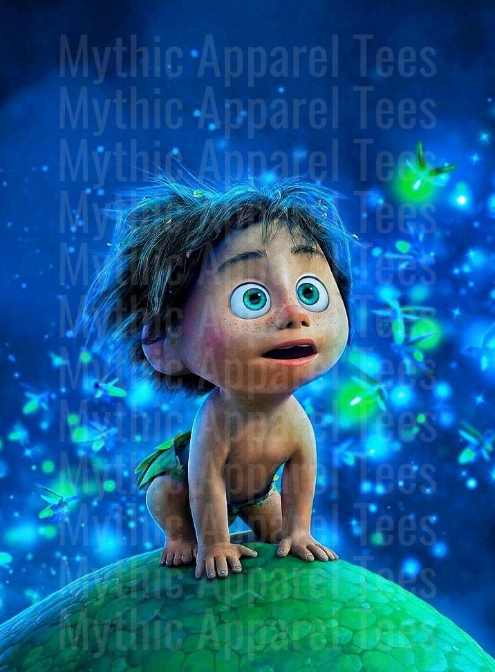 Spot the Caveboy Wide-Eyed Wonder Surrounded by Glowing Fireflies on Dinosaur Egg Night Sky
