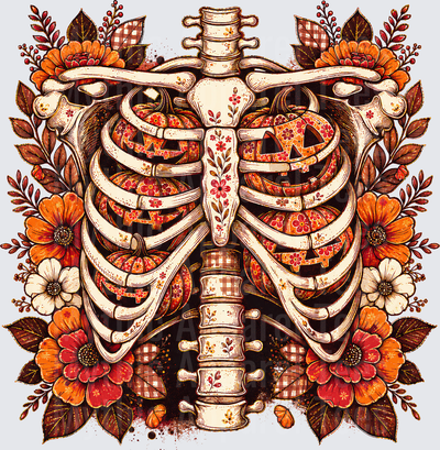 Fall Designs Floral Skeleton Rib Cage with Jack-O-Lantern Pumpkins and Autumn Flowers Botanical Halloween