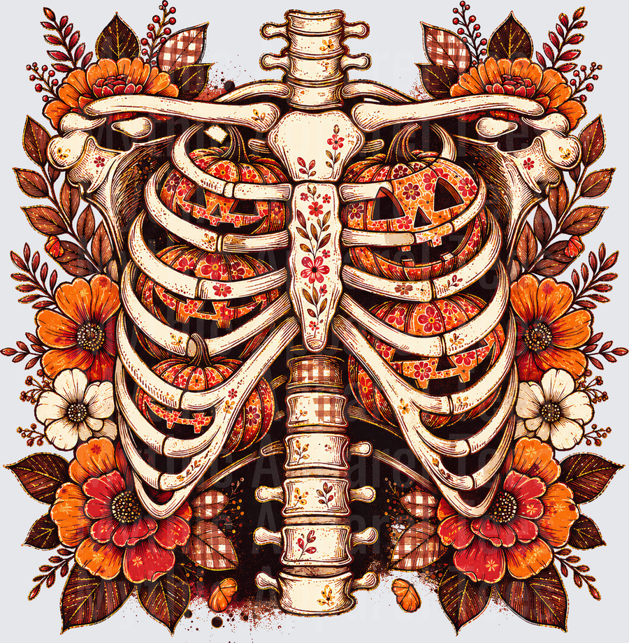 Fall Designs Floral Skeleton Rib Cage with Jack-O-Lantern Pumpkins and Autumn Flowers Botanical Halloween
