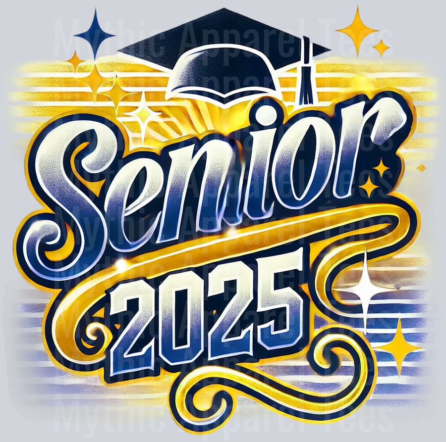 0012 Senior 2025 Airbrushed Gold and Blue DTF 2025 Senior Graduation Transfers