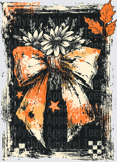 Distressed Halloween Orange and Cream Daisy Bouquet with Stars Bow and Autumn Oak Leaf Grunge Frame