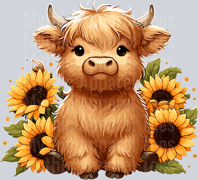Precious Highland Cow with yellow sunflowers DTF Highland Cow Transfers