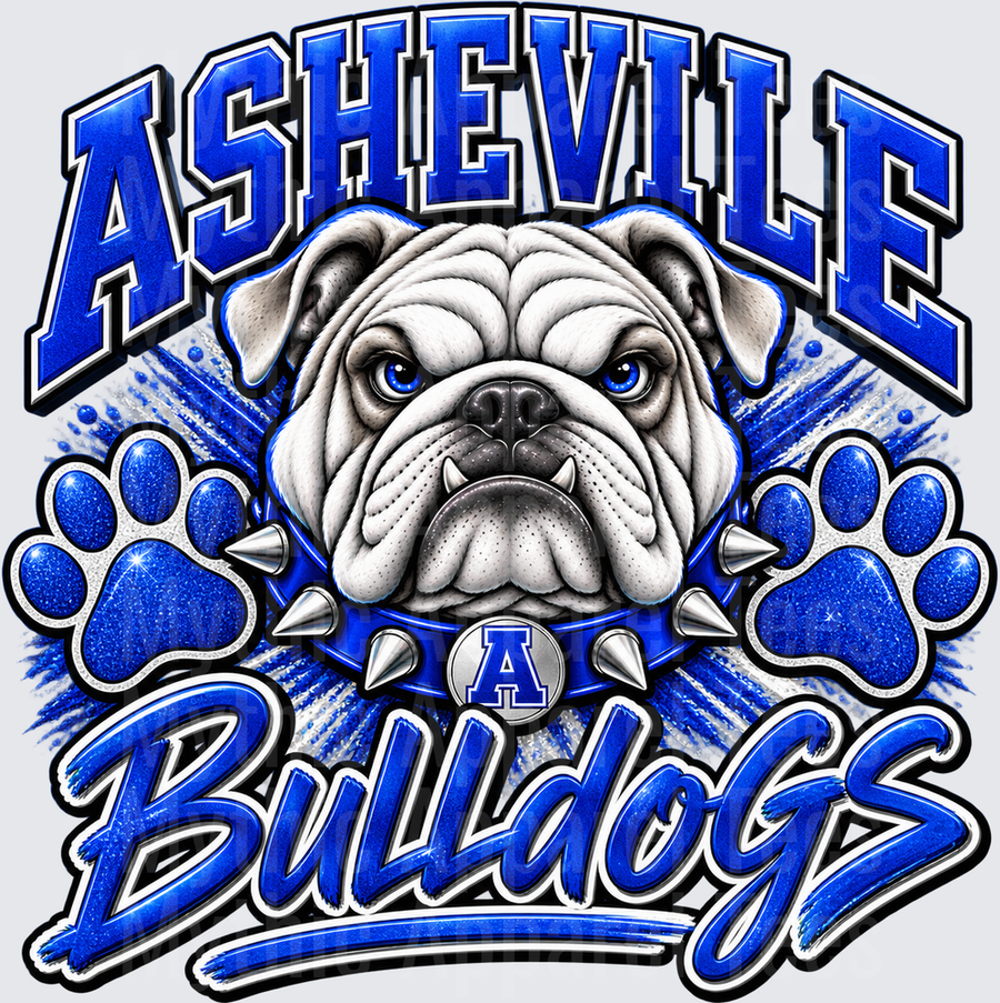Bulldog Asheville Bulldogs Fierce Mascot Face with Spiked Collar and Blue Glitter Paw Prints Spirit Design