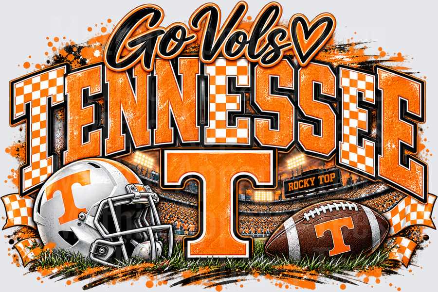 Tennessee Vols Go Vols Orange and White Checkered Football Helmet Rocky Top Stadium Game Day Spirit Design