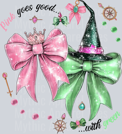 Coquette Bow Wicked Movie Pink Goes Good With Green 2 bows DTF Wicked Transfers
