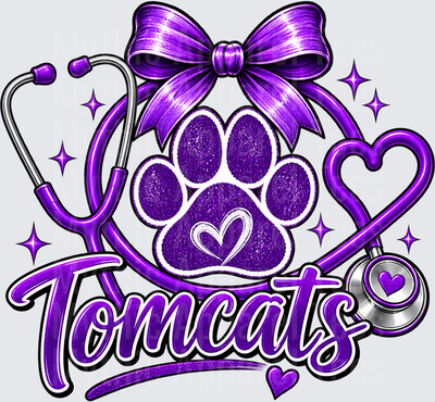 Tomcats Purple Glitter Paw Print Stethoscope Coquette Bow Nurse School Spirit Design