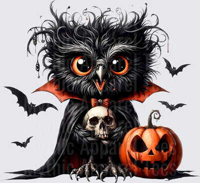 Spooky Vampire Owl Holding Skull with Jack-O-Lantern and Bats Halloween Gothic Bird in Dracula Cape