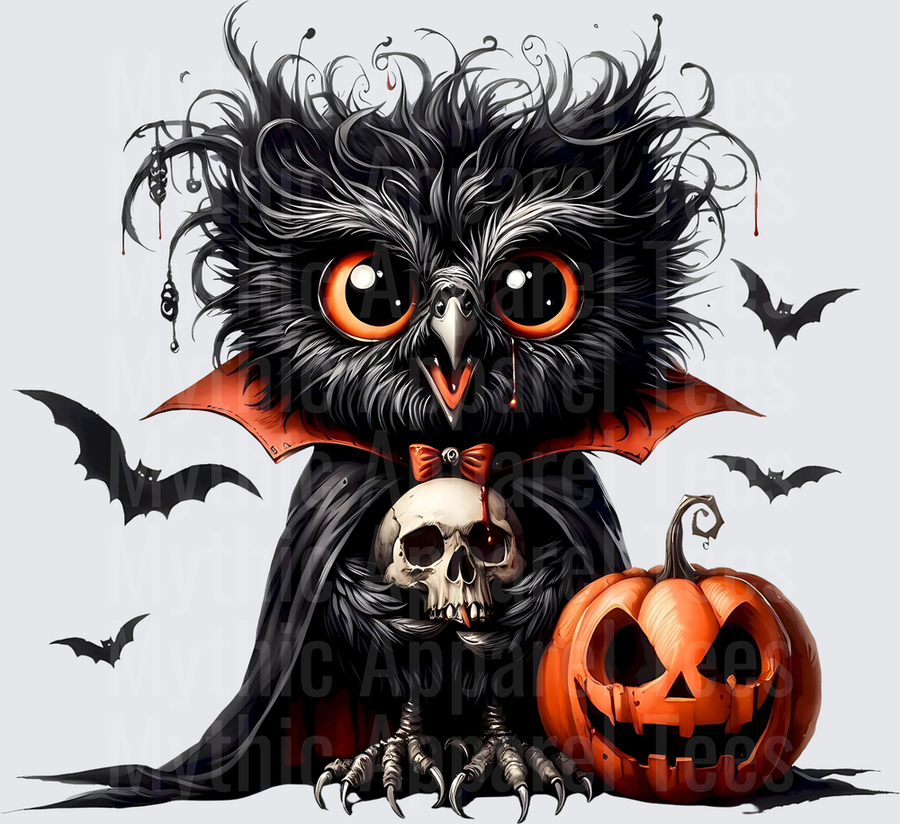 Spooky Vampire Owl Holding Skull with Jack-O-Lantern and Bats Halloween Gothic Bird in Dracula Cape