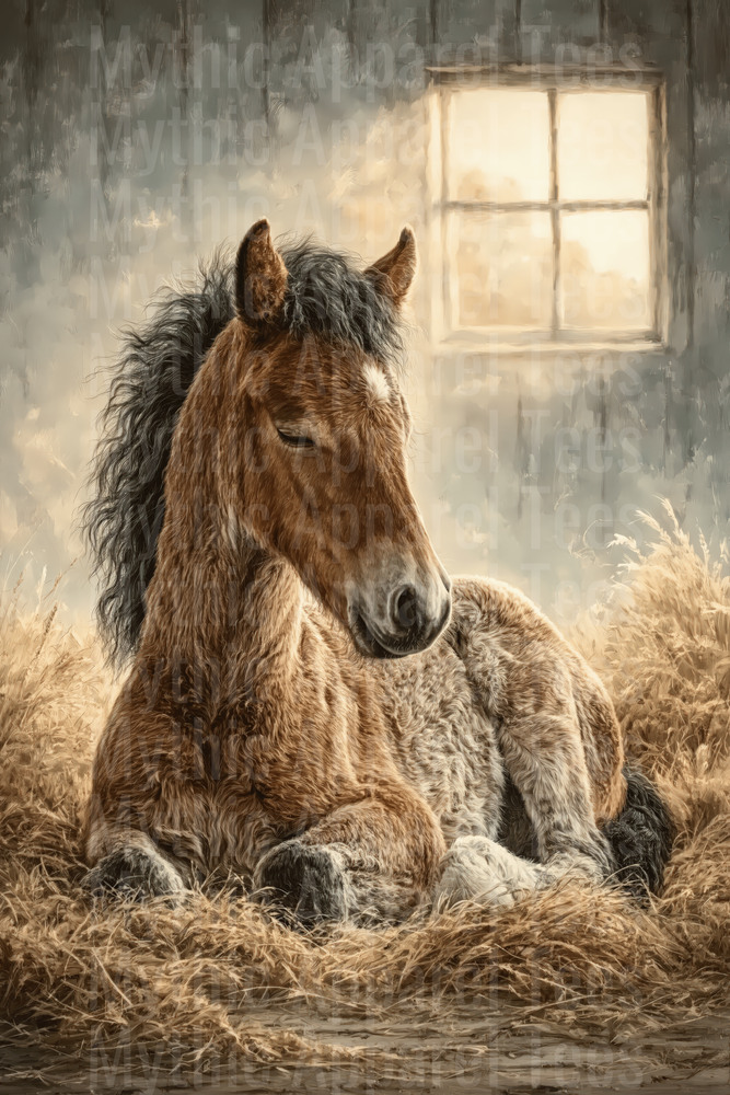 Rustic Baby Foal Resting in Hay by Barn Window Painterly Portrait