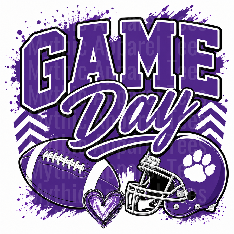 Football Game Day Purple and White Paw Print Helmet with Football Heart Chevron Paint Splash Design