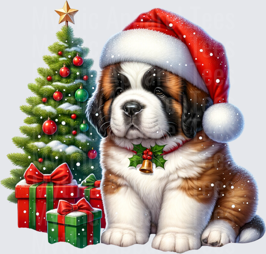 Adorable Saint Bernard Puppy Santa Hat Holly Bell Christmas Tree Gifts Holiday