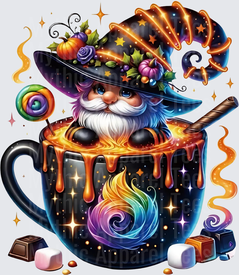 Magical Halloween Witch Gnome Sitting in Caramel Drip Mug with Rainbow Swirl Lollipop Marshmallows and Chocolate Candy Sparkle Fantasy Hot Cocoa