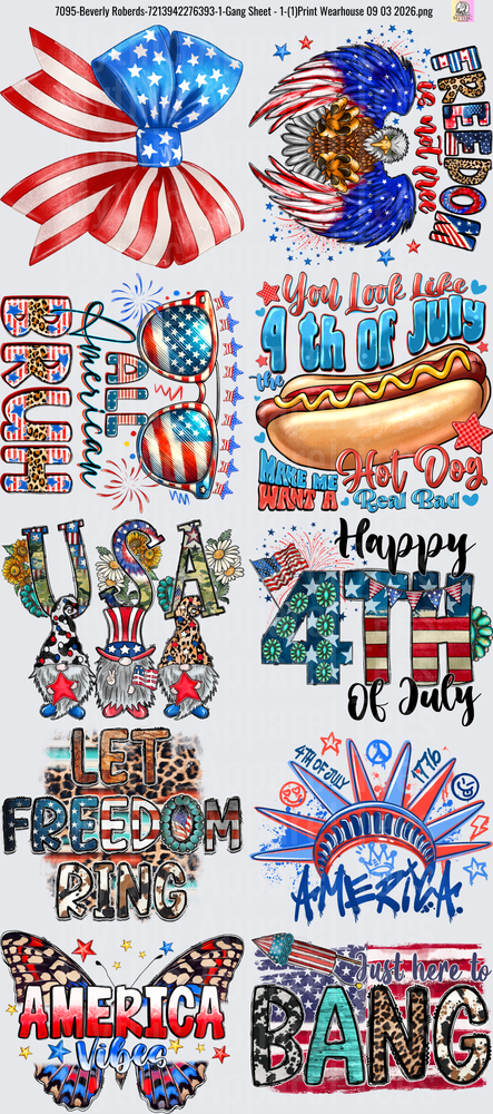 Gang Sheet FULL SIZE DESIGNS Patriotic 4th of July Bundle with Eagle Hot Dog Fireworks America