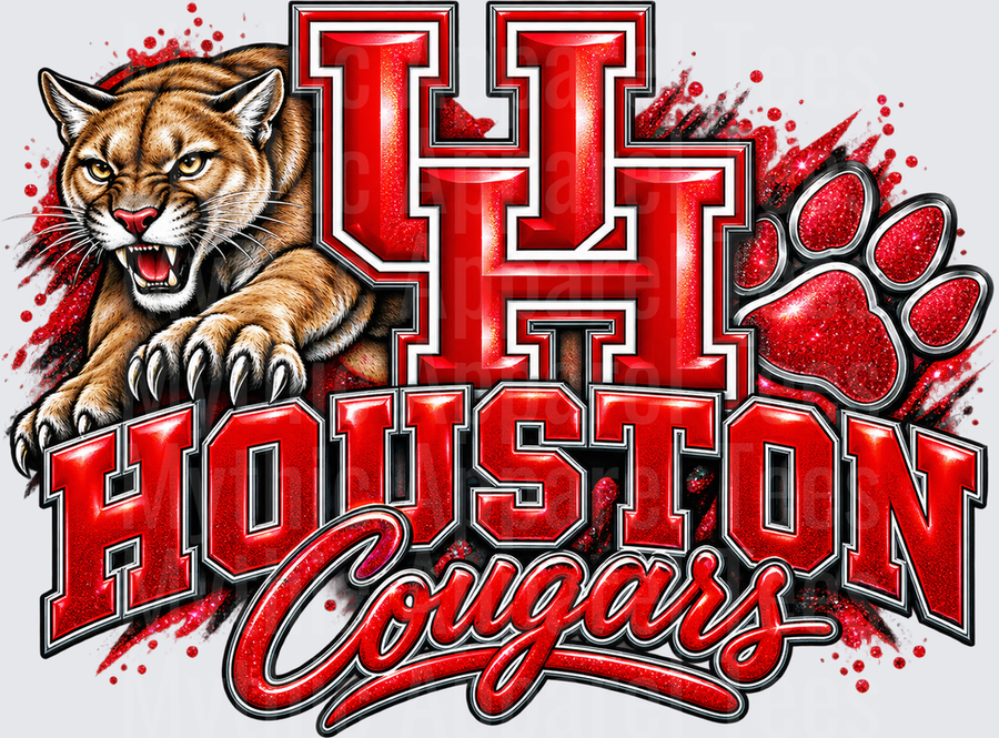 Houston Cougars Fierce Cougar Mascot UH Interlocking Letters Red Glitter Paw Print Spirit Design