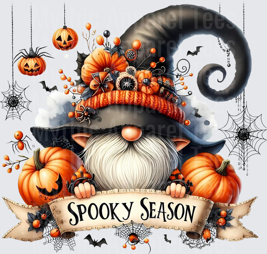 Spooky Season Halloween Gnome with Witch Hat Pumpkins Spiderwebs and Bats Banner Design