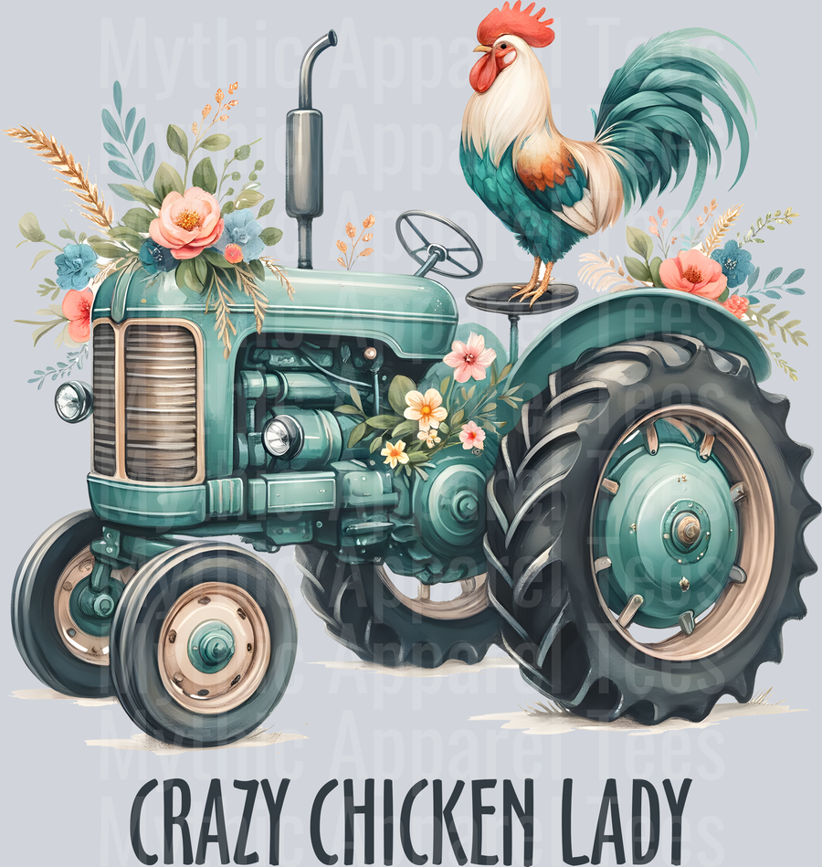 Crazy chicken lady tractor DTF Chicken Transfers