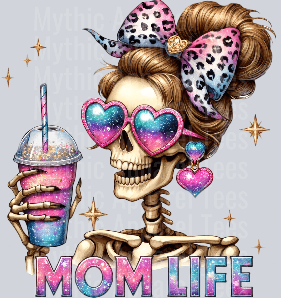 Mom Life 2 coffee Skelly Girl DTF Skull Transfers