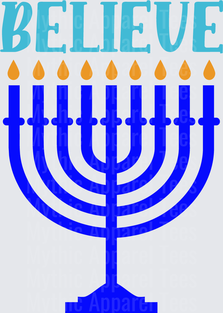 Believe Hanukkah Menorah with Nine Glowing Candle Flames Blue and Gold Chanukah