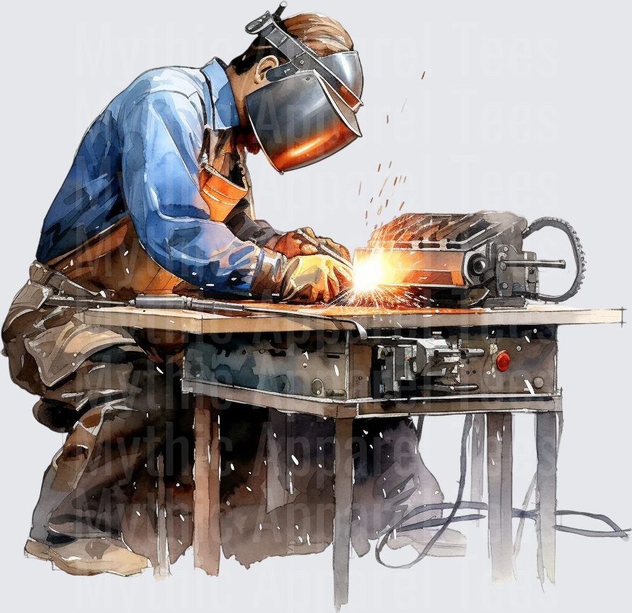 Watercolor Welder With Welding Mask Sparks Flying Blue Collar Tradesman Workshop Scene