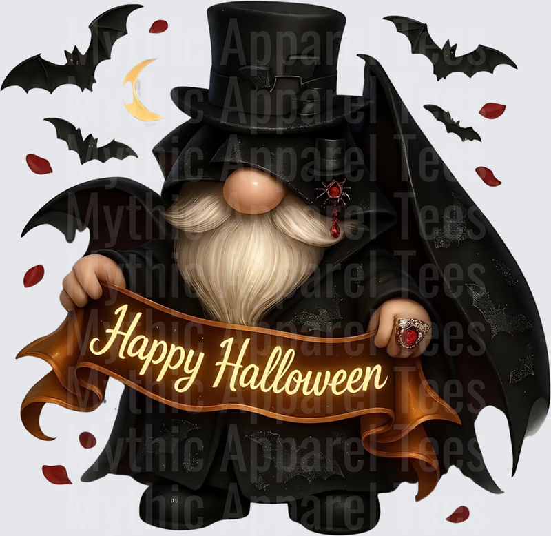 Vampire Gnome in Black Cape and Top Hat Holding Happy Halloween Banner with Bats and Crescent Moon