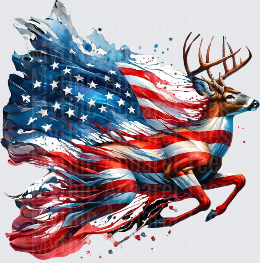 Patriotic Whitetail Buck Running with American Flag Watercolor Splash