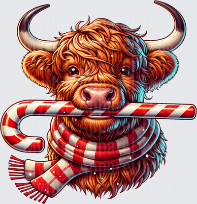 Highland Christmas Cow Holding Candy Cane with Red Plaid Scarf