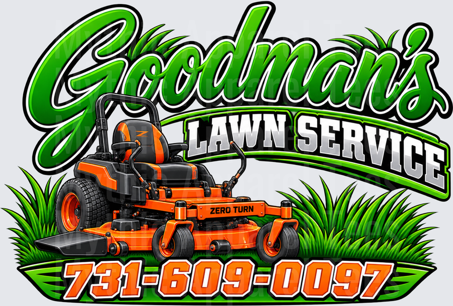 Goodman Lawn Service Orange Zero Turn Riding Mower Green Grass Logo with Phone Number 731-609-0097