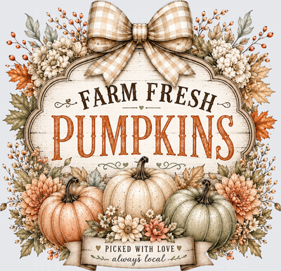 Farm Fresh Pumpkins Picked With Love Always Local Rustic Fall Harvest Sign with Buffalo Plaid Bow Autumn Florals and Tri-Color Pumpkins
