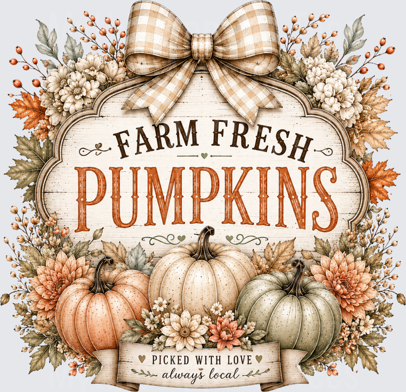 Farm Fresh Pumpkins Picked With Love Always Local Rustic Fall Harvest Sign with Buffalo Plaid Bow Autumn Florals and Tri-Color Pumpkins