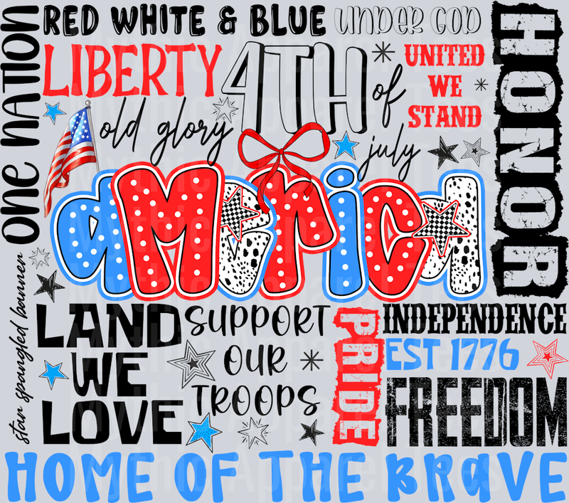 America Home Of The Brave Word Collage Red White and Blue Patriotic DTF 4th of July Transfers