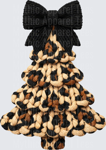 Chunky Knit Yarn Christmas Tree with Black Bow Leopard Print