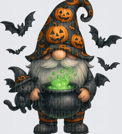 Halloween Gnome with Jack-O-Lantern Witch Hat Holding Bubbling Green Cauldron and Black Cat Surrounded by Bats
