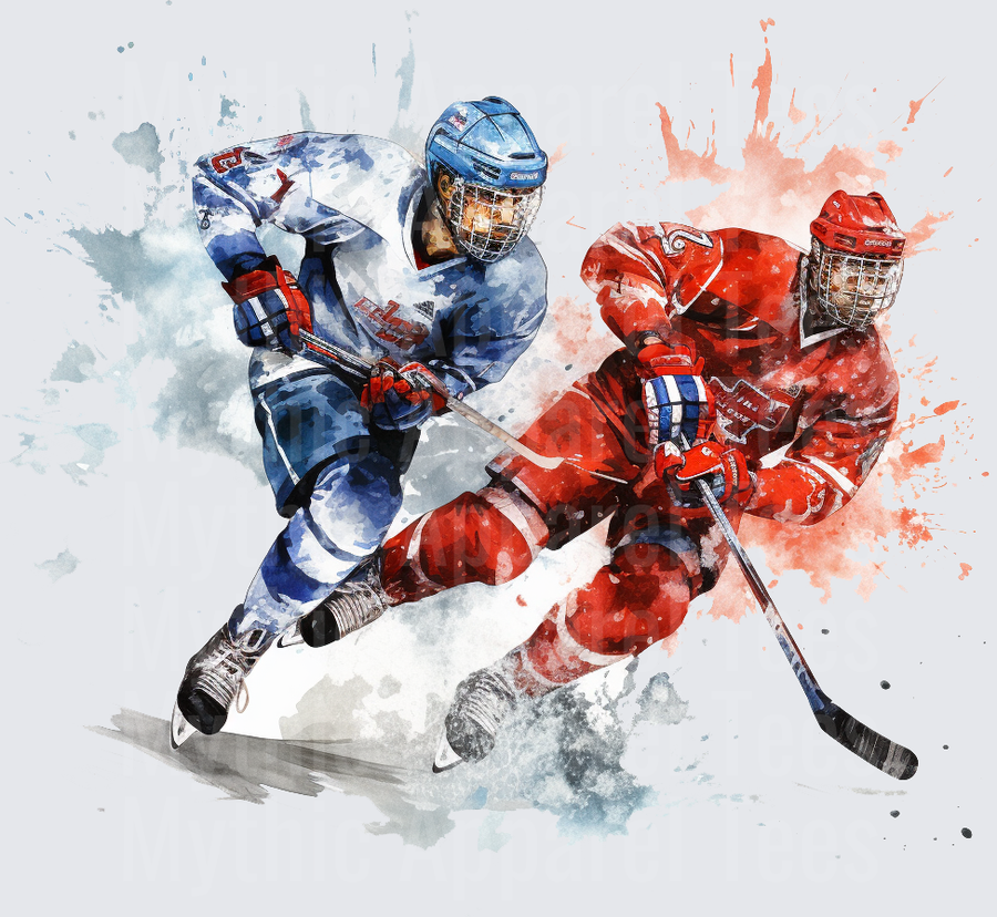 Ice Hockey Players Blue Red Watercolor Splash Artwork